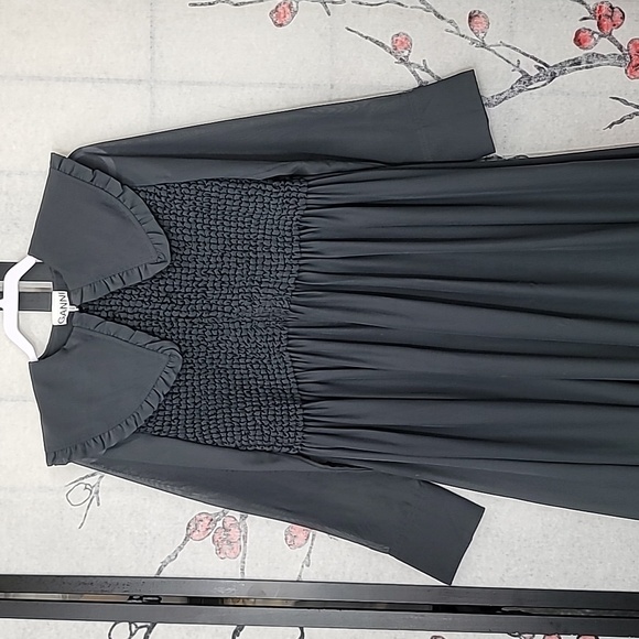 GANNI Ruffled-Collar Smocked Chiffon Dress Size 32 Or Size 0 - Picture 5 of 16